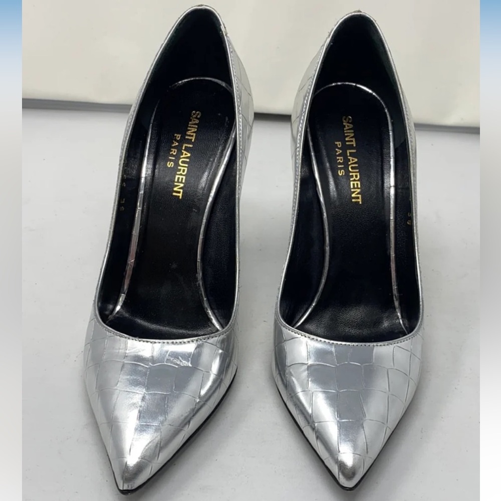 Saint Laurent croc embossed silver metallic leather pumps heels size 38